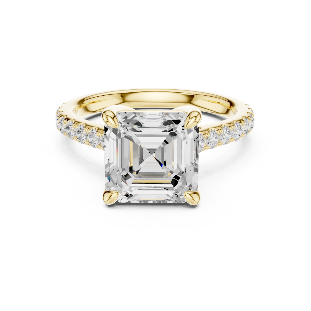 Asscher double-prong pave engagement ring yellow gold detail view