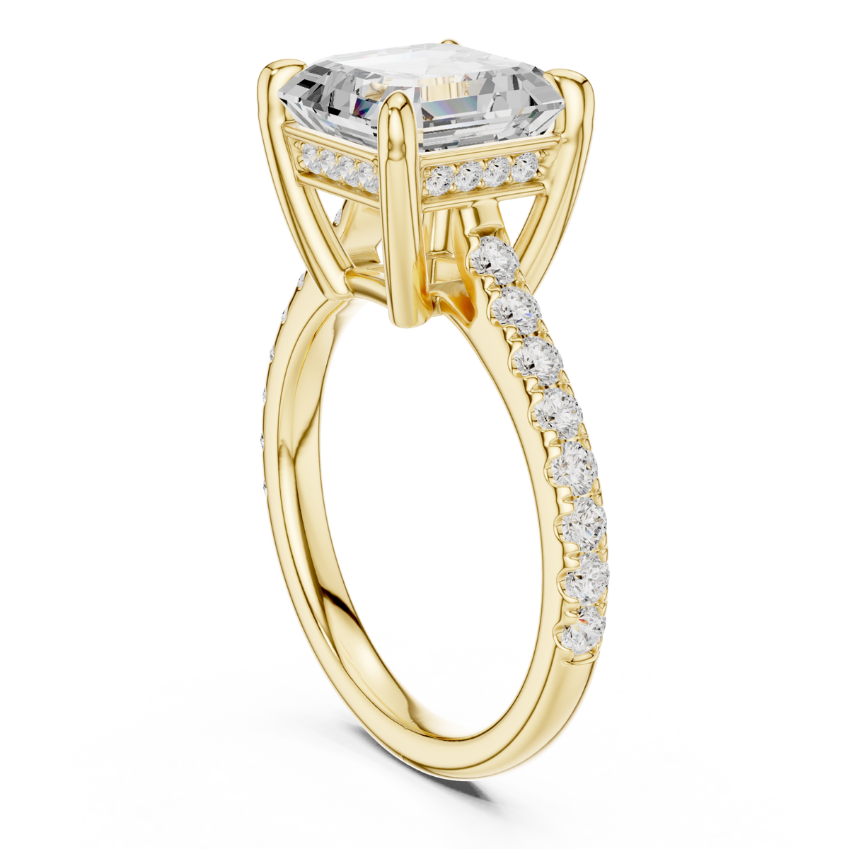 Asscher double-prong pave engagement ring yellow gold front view