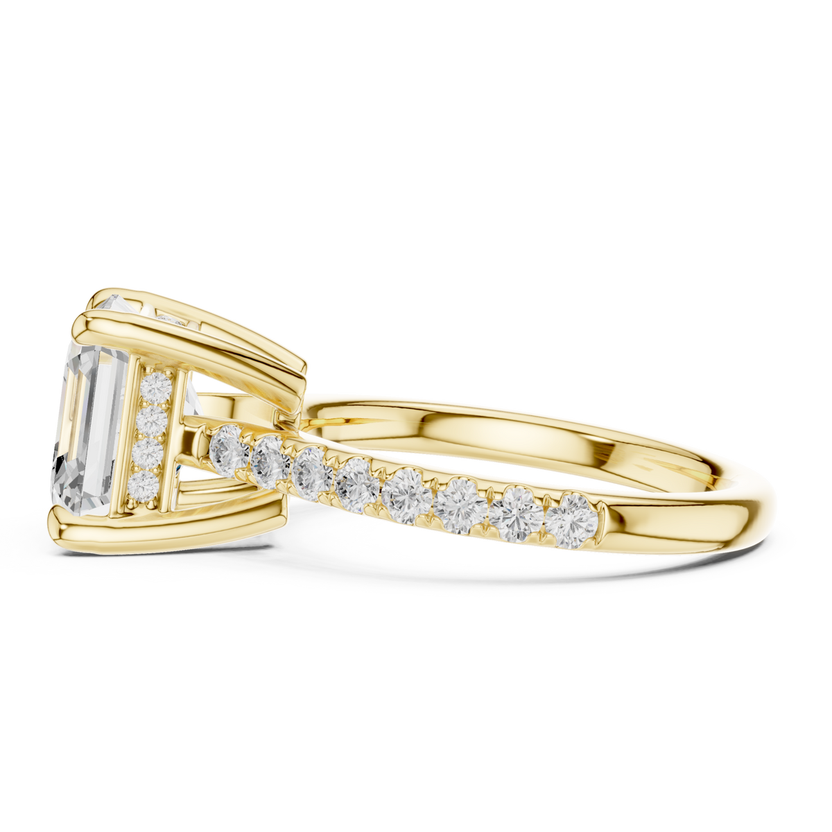 Asscher double-prong pave engagement ring yellow gold side view