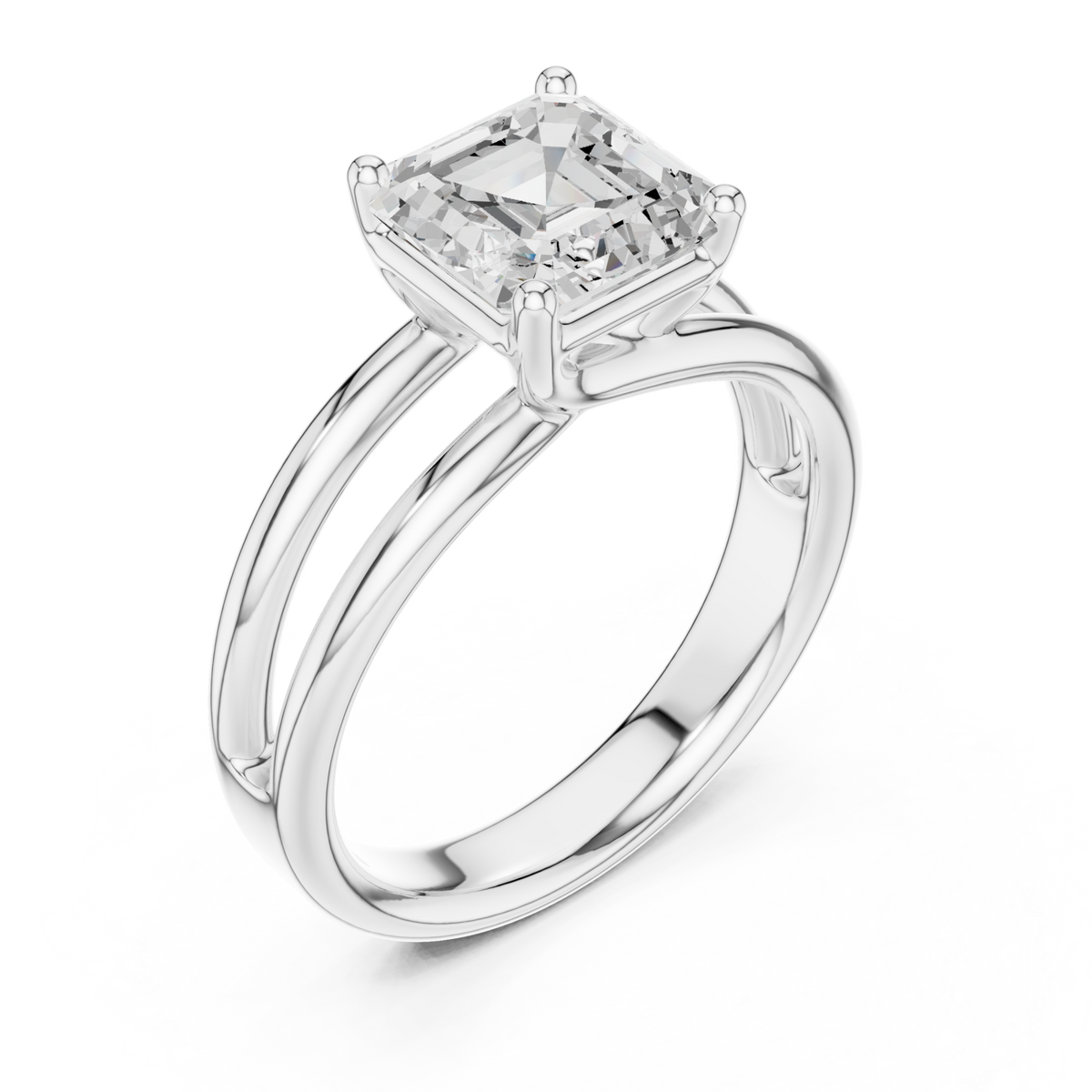 Asscher double band solitaire engagement ring white gold angle view