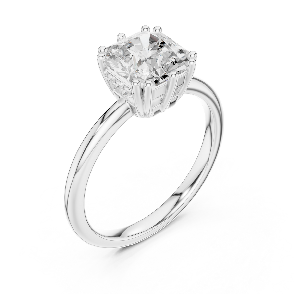 Asscher eight-prong crown solitaire engagement ring white gold angle view