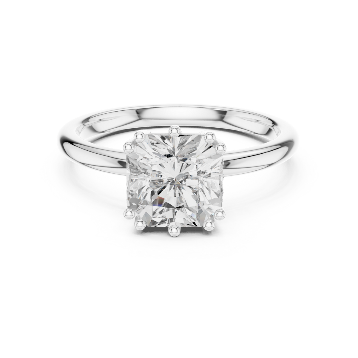Asscher eight-prong crown solitaire engagement ring white gold detail view
