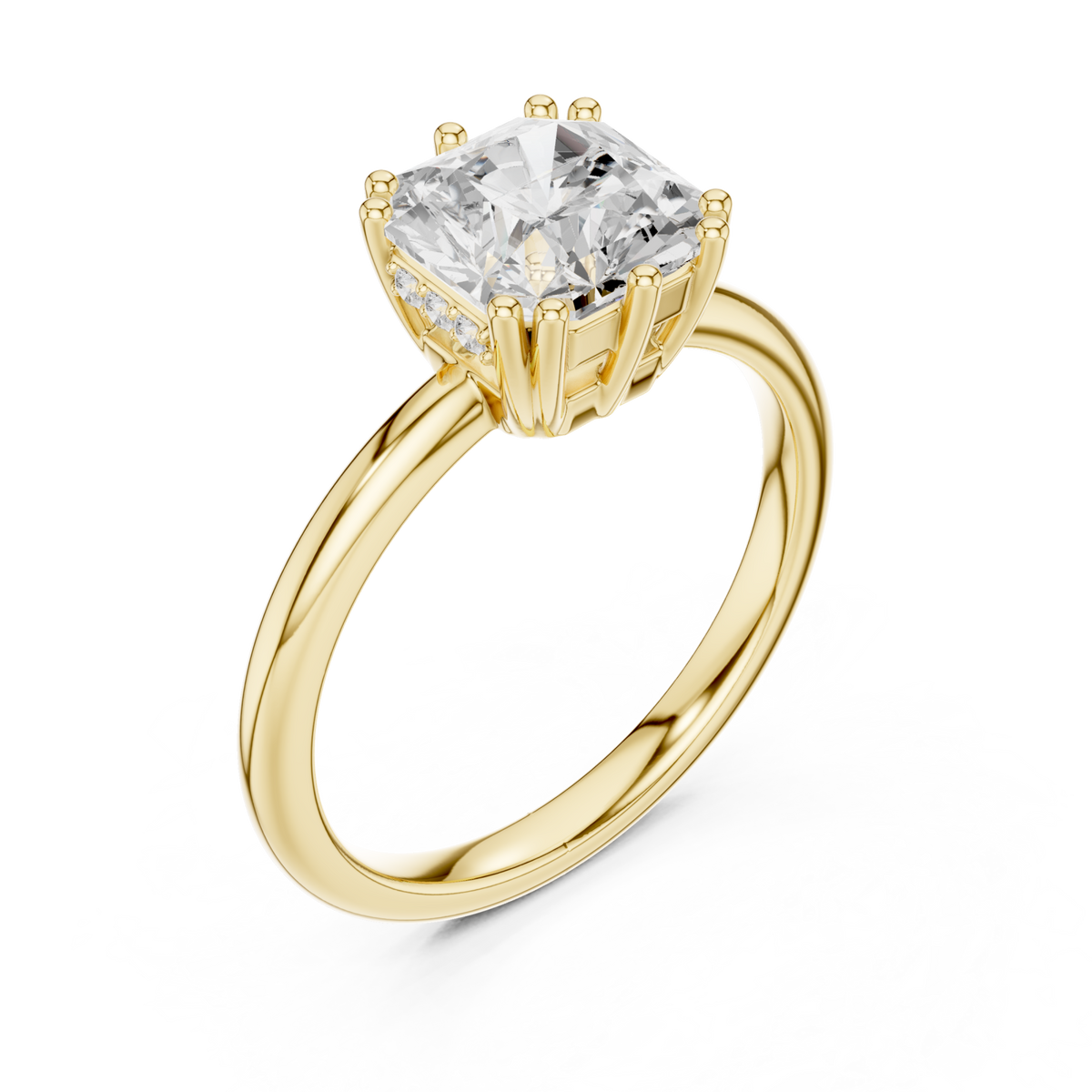Asscher eight-prong crown solitaire engagement ring yellow gold angle view