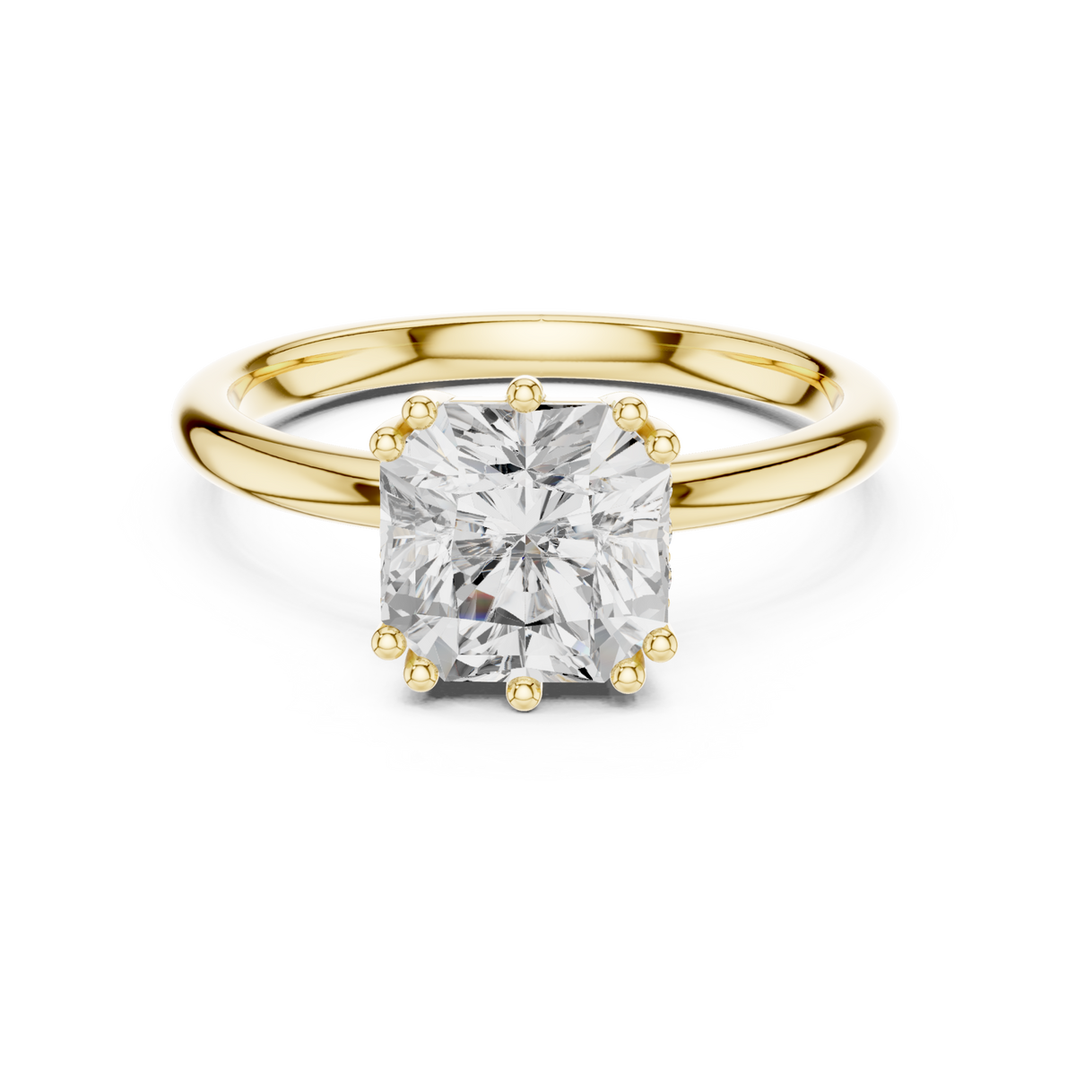 Asscher eight-prong crown solitaire engagement ring yellow gold detail view