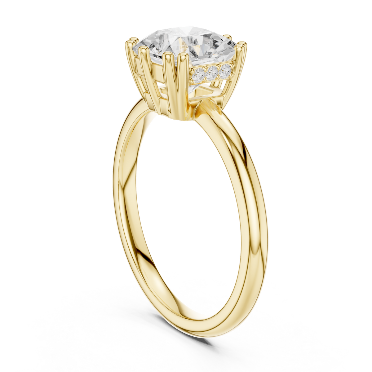 Asscher eight-prong crown solitaire engagement ring yellow gold front view