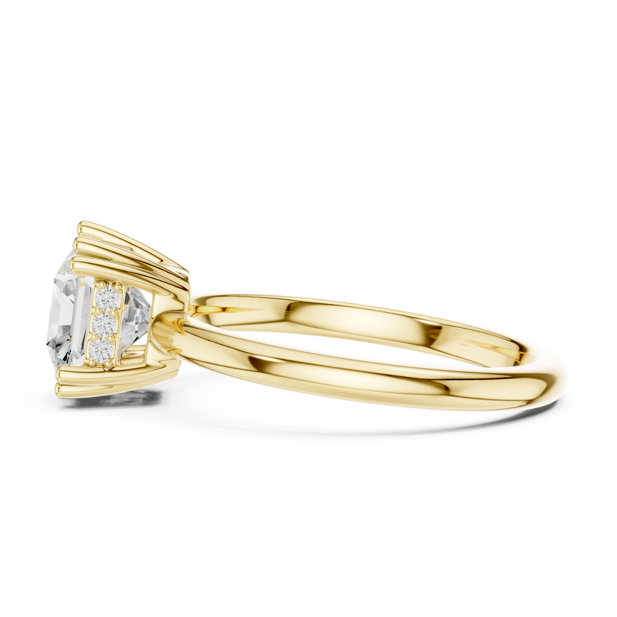 Asscher eight-prong crown solitaire engagement ring yellow gold side view