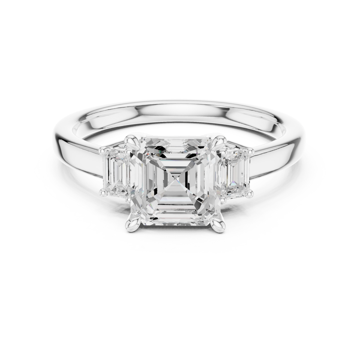 Asscher emerald side three stone engagement ring white gold detail view