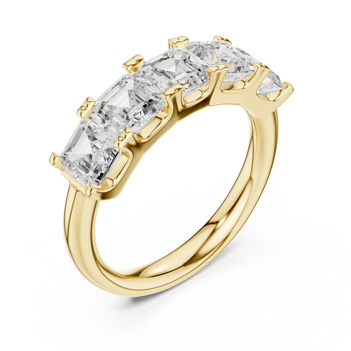 Asscher five-stone anniversary band yellow gold front view