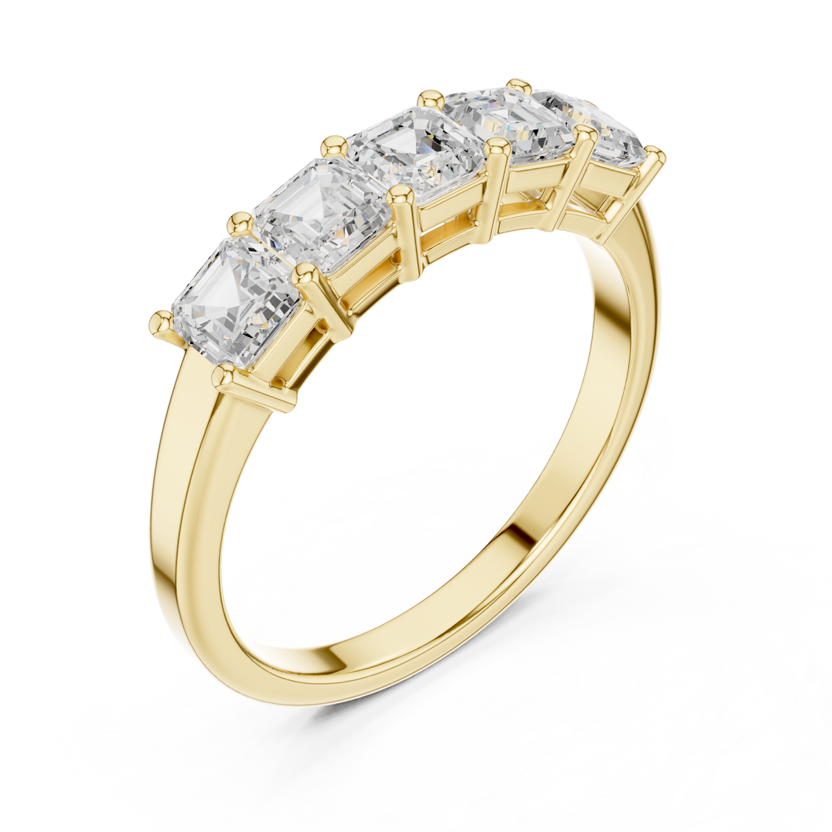 Asscher five-stone shared-prong band yellow gold front view