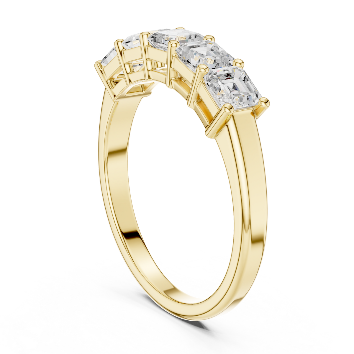 Asscher five-stone shared-prong band yellow gold side view