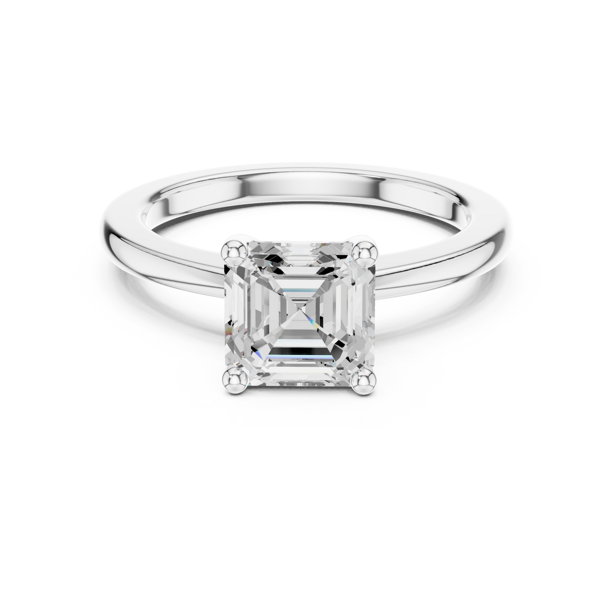 Asscher flat-edge solitaire engagement ring white gold detail view