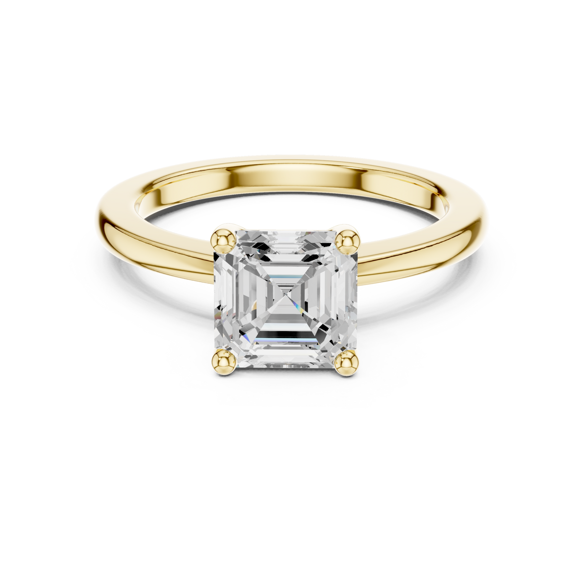 Asscher flat-edge solitaire engagement ring yellow gold detail view