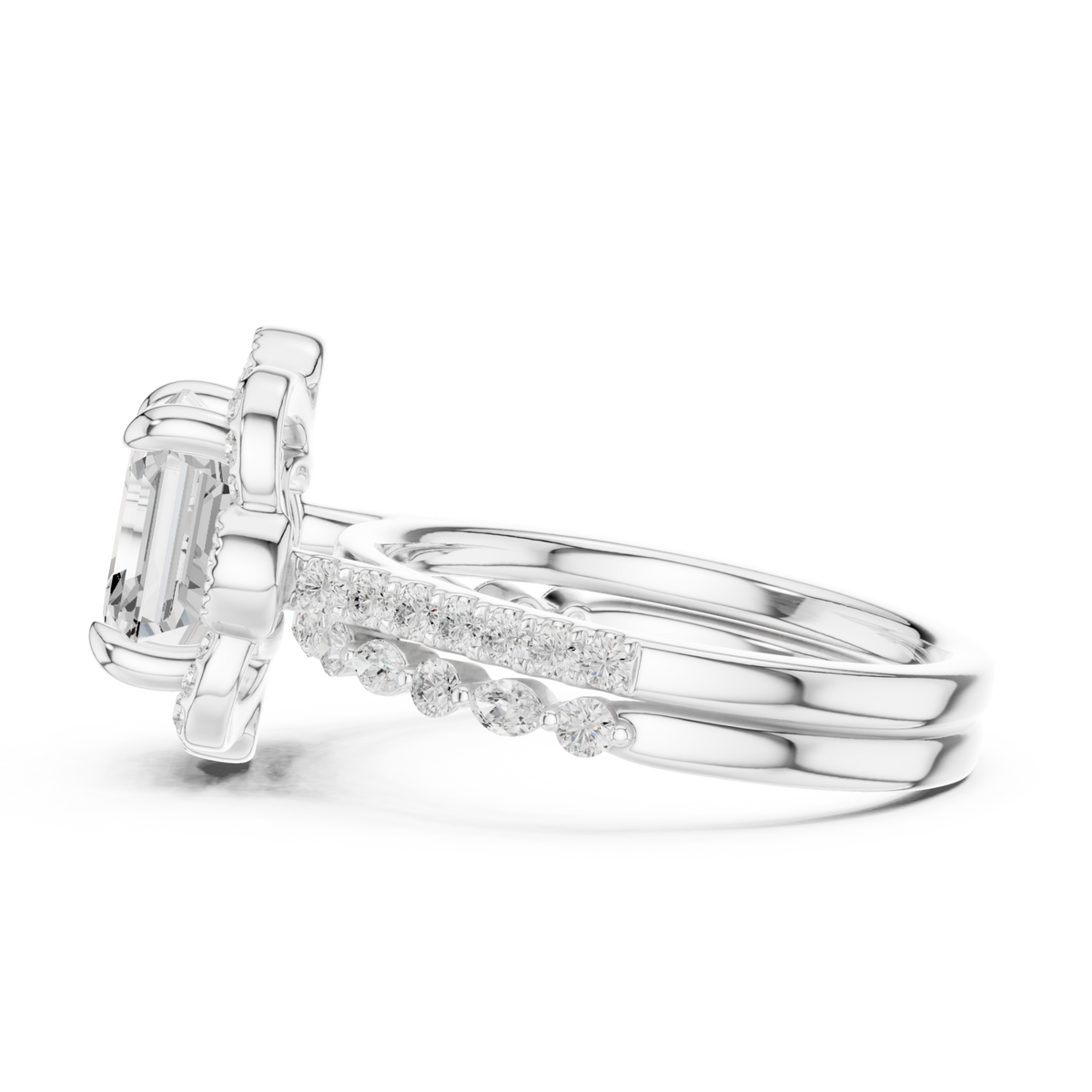 Asscher floral crown bridal set white gold angle view