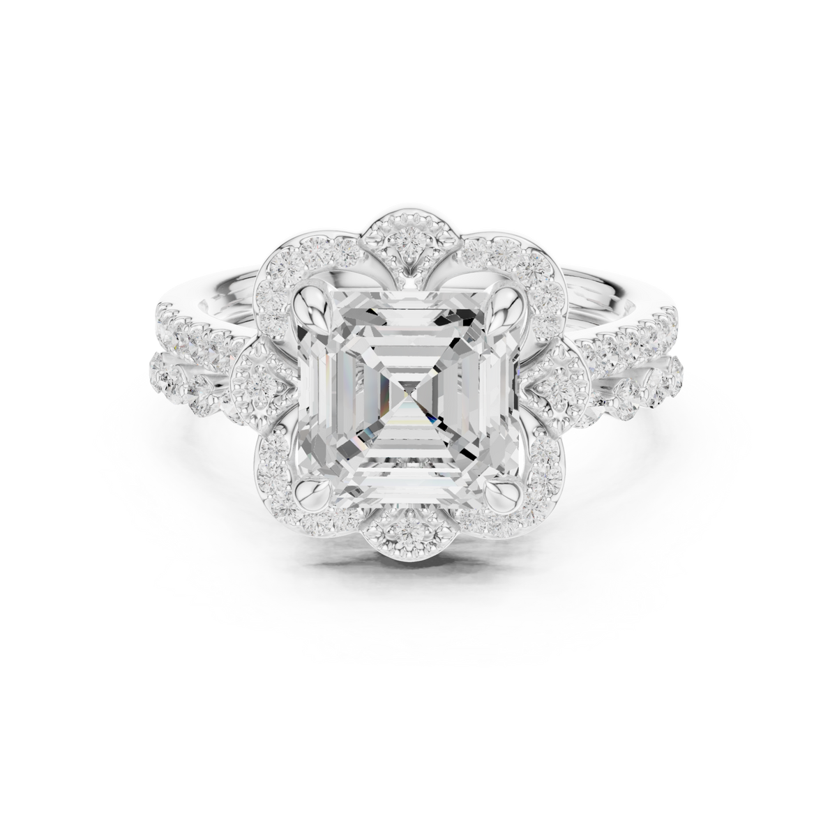 Asscher floral crown bridal set white gold detail view