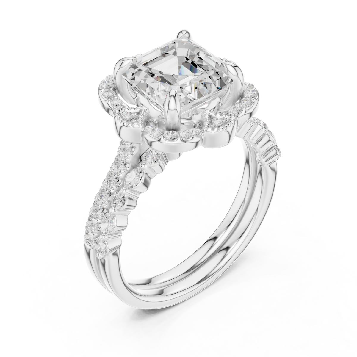 Asscher floral crown bridal set white gold front view