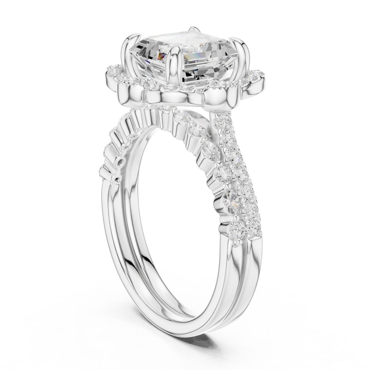 Asscher floral crown bridal set white gold side view
