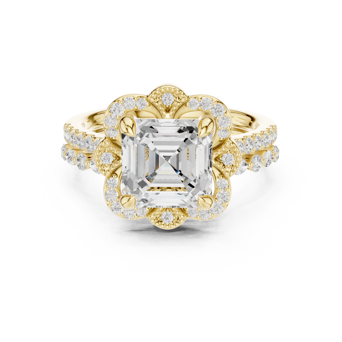Asscher floral crown bridal set yellow gold detail view