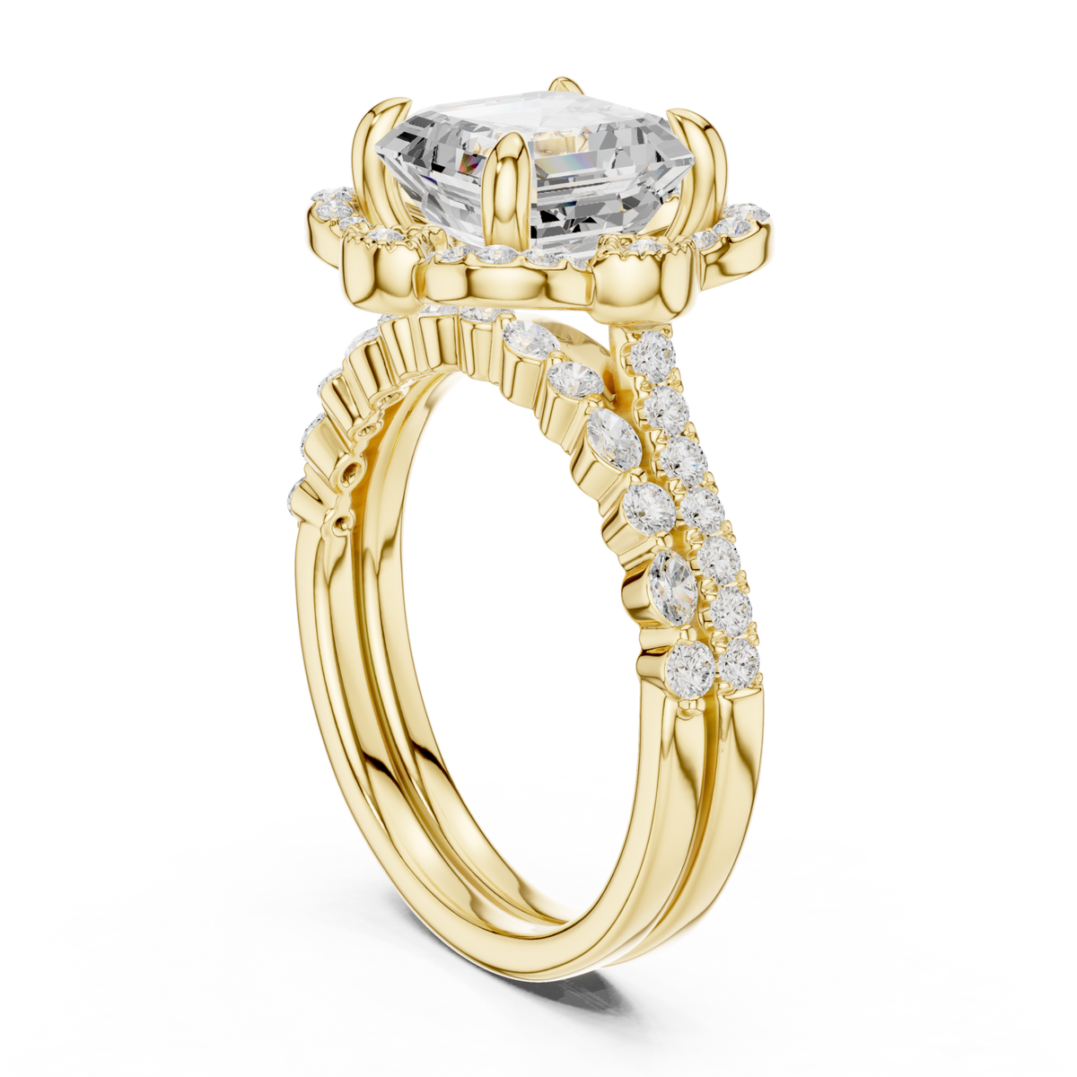 Asscher floral crown bridal set yellow gold side view
