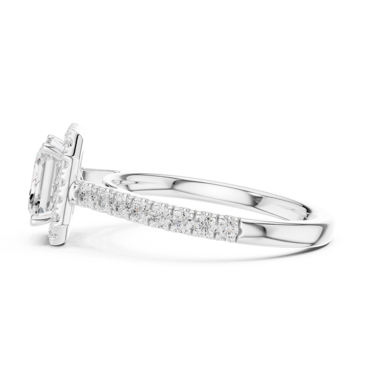 Asscher french pave halo engagement ring white gold side view