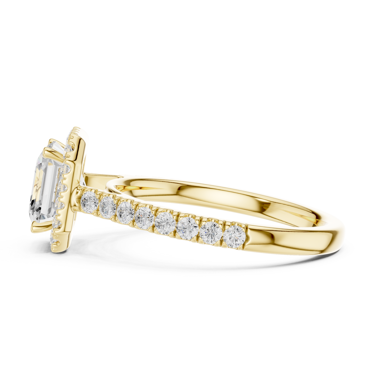 Asscher french pave halo engagement ring yellow gold side view