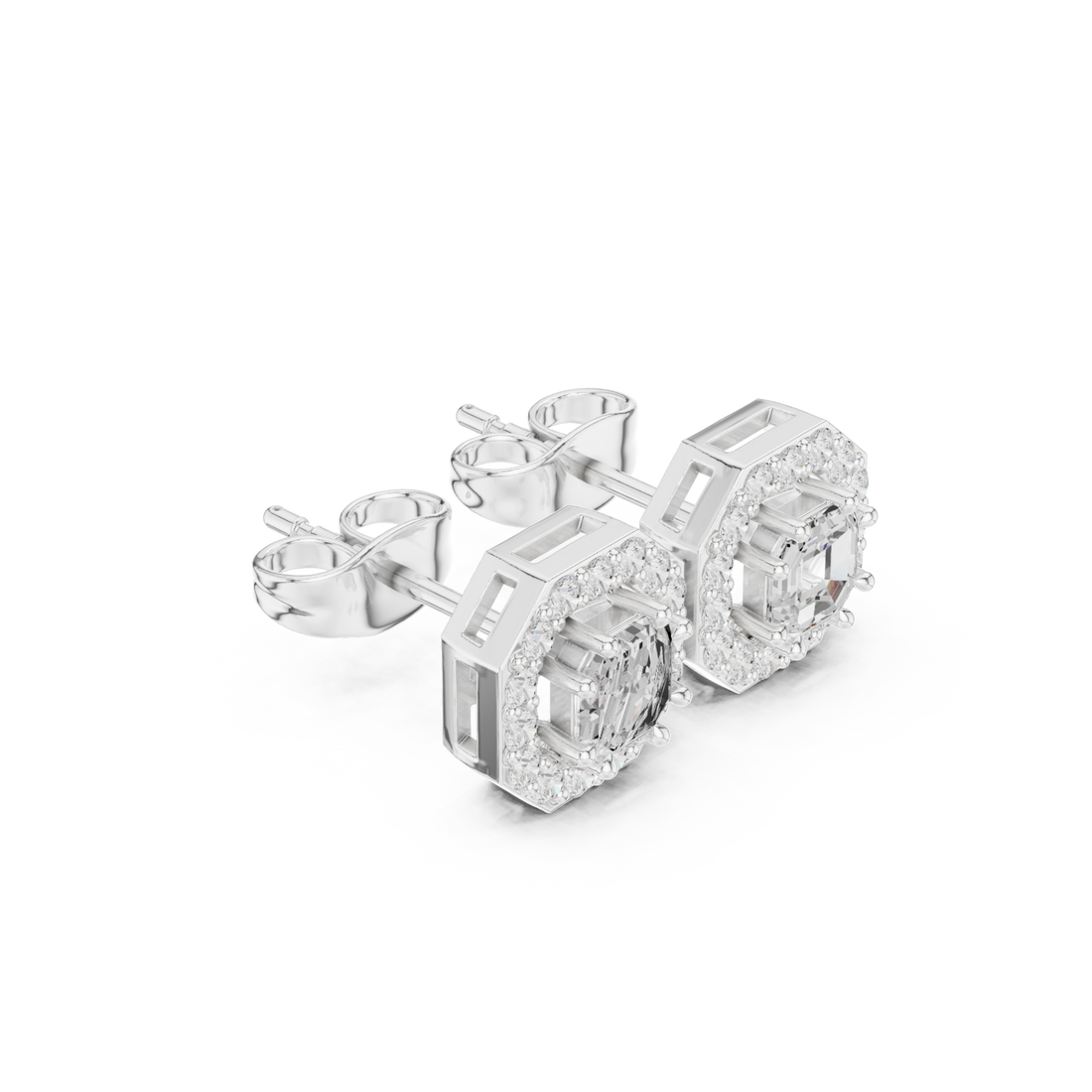  White Gold Asscher Halo Art Deco Studs Front View