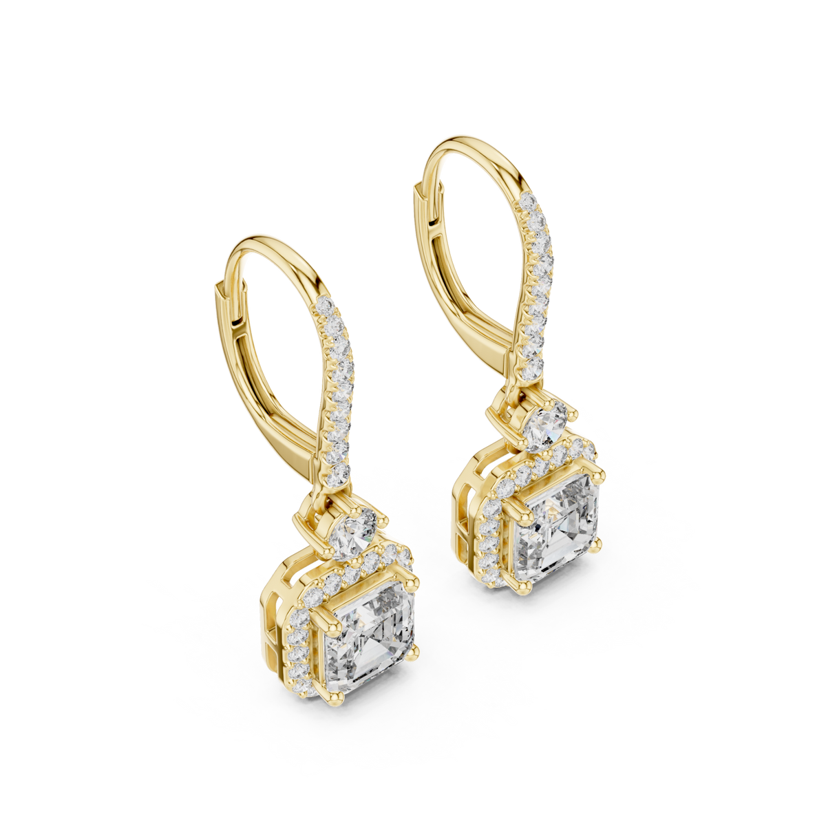  Gold Asscher Halo Drops Angle View