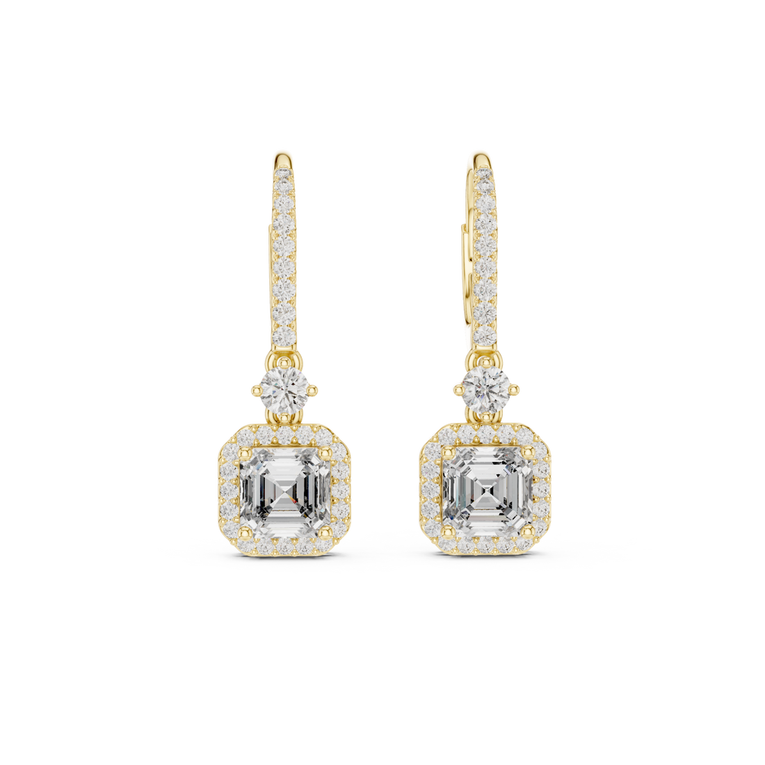 Gold Asscher Halo Drops Front View