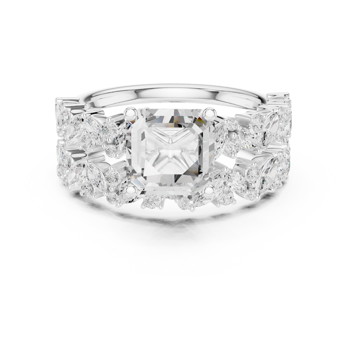 Asscher marquise cluster bridal set white gold detail view