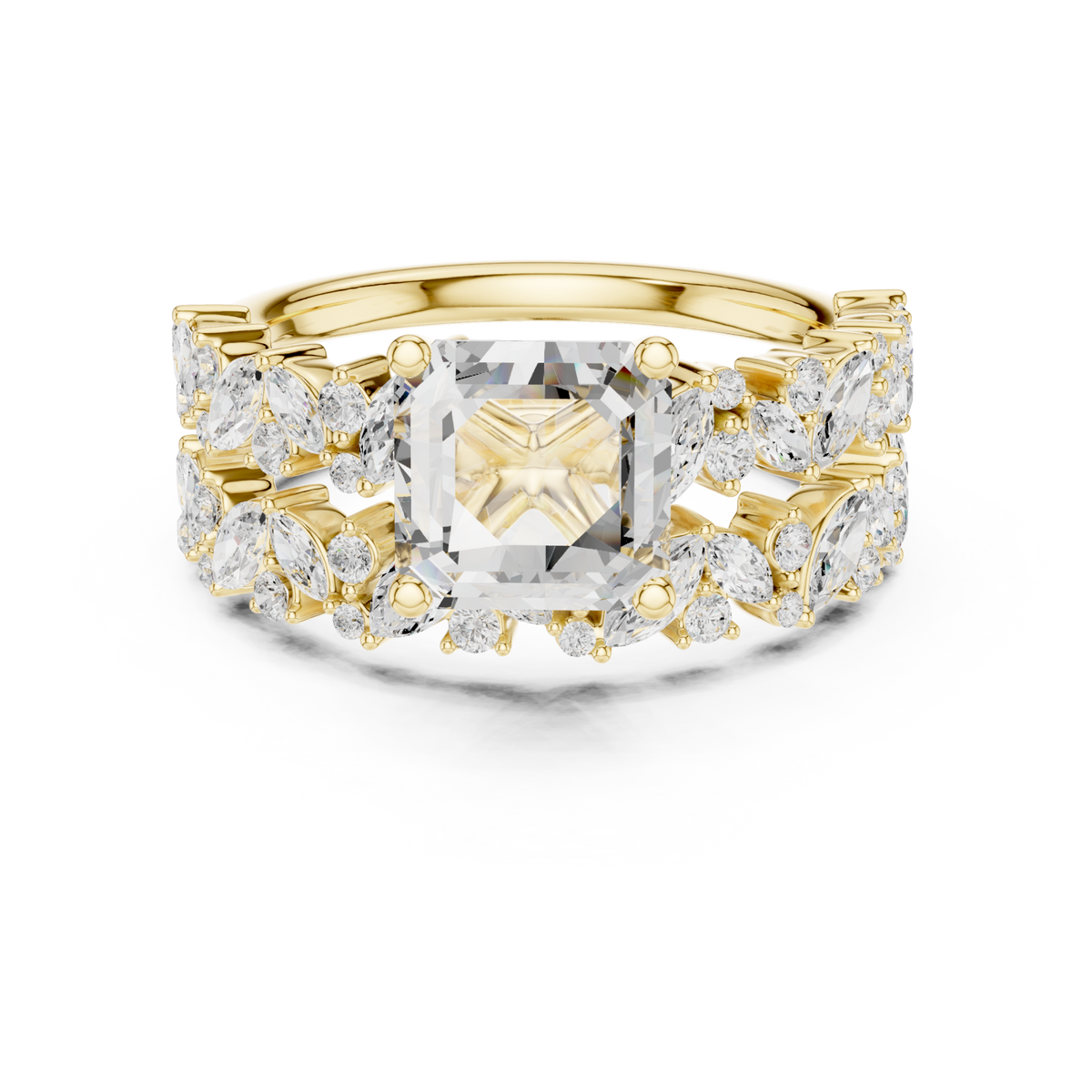 Asscher marquise cluster bridal set yellow gold detail view
