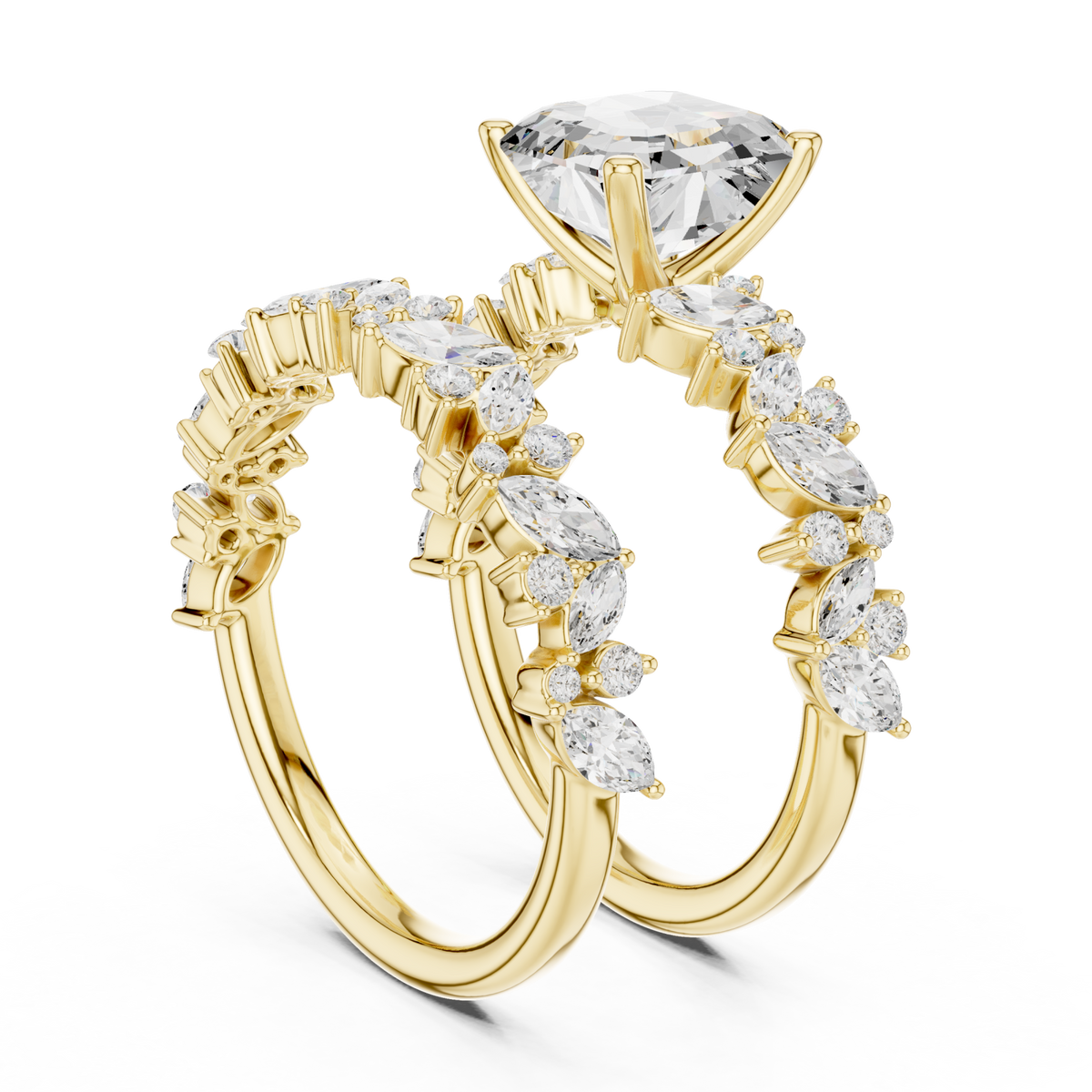 Asscher marquise cluster bridal set yellow gold front view