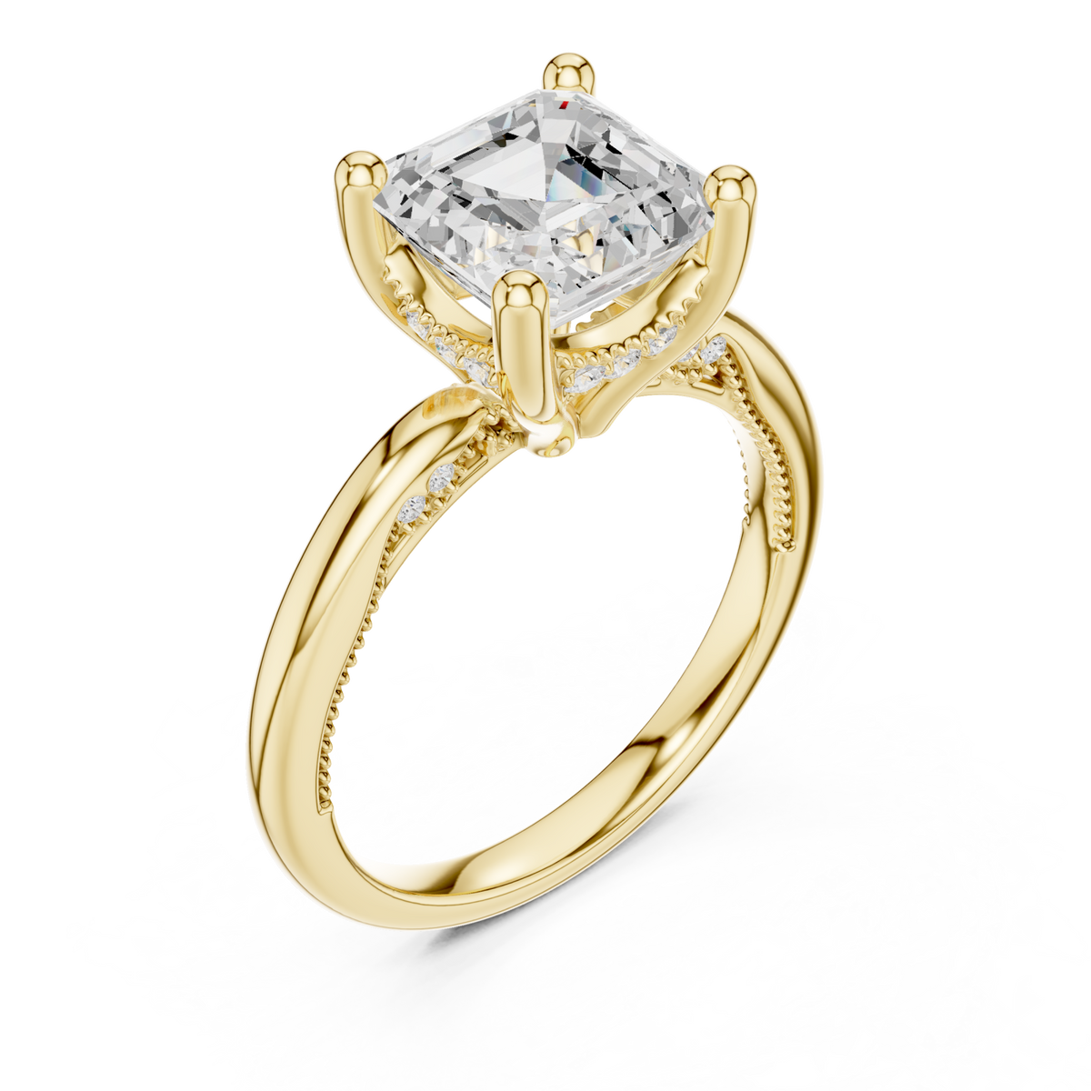 Asscher milgrain accent solitaire engagement ring yellow gold angle view