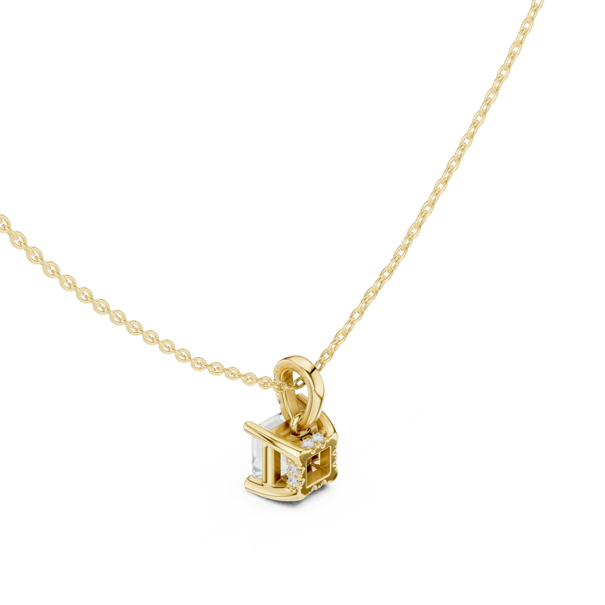 Asscher pave bail solitaire pendant yellow gold angle view