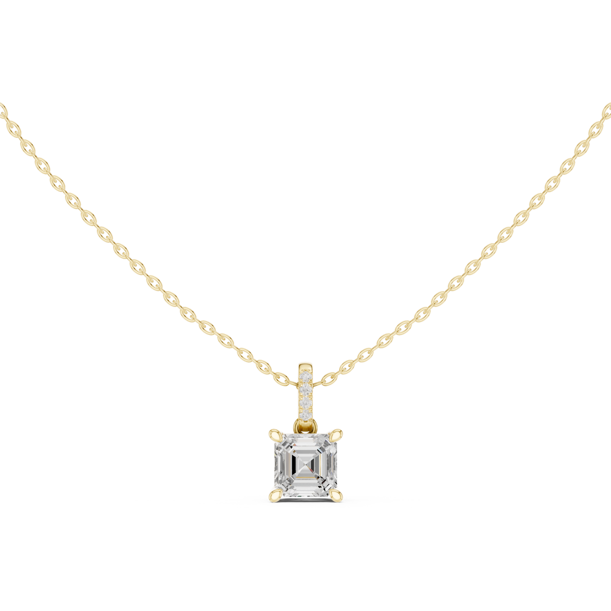Asscher pave bail solitaire pendant yellow gold detail view