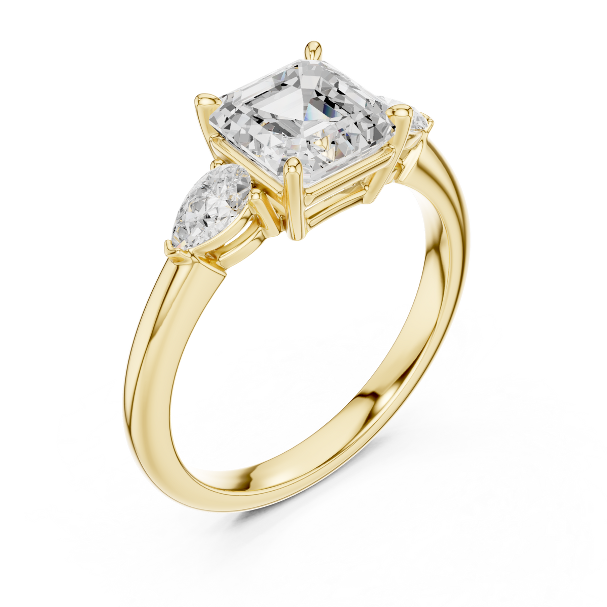 Asscher pear side three stone engagement ring yellow gold angle view