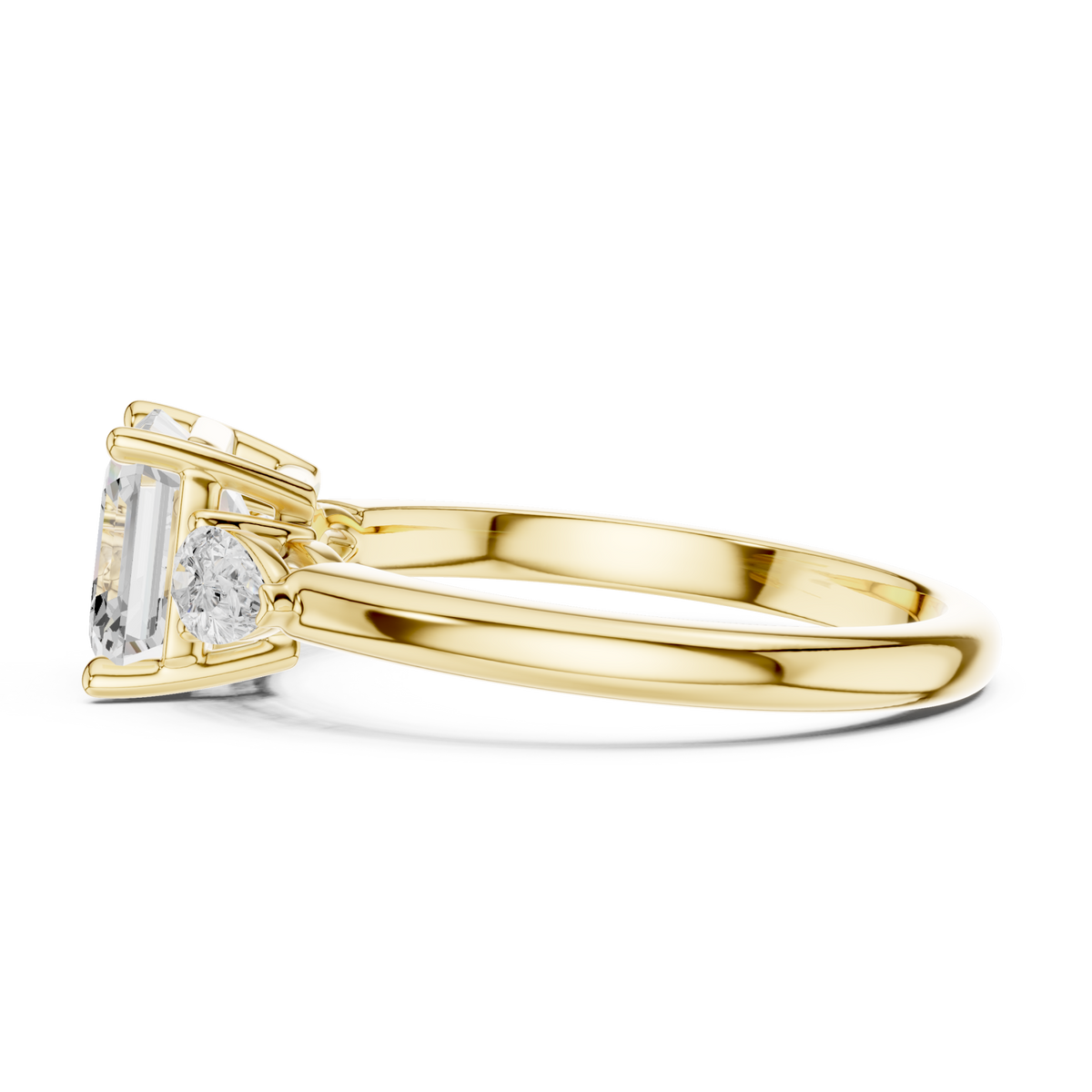 Asscher pear side three stone engagement ring yellow gold side view