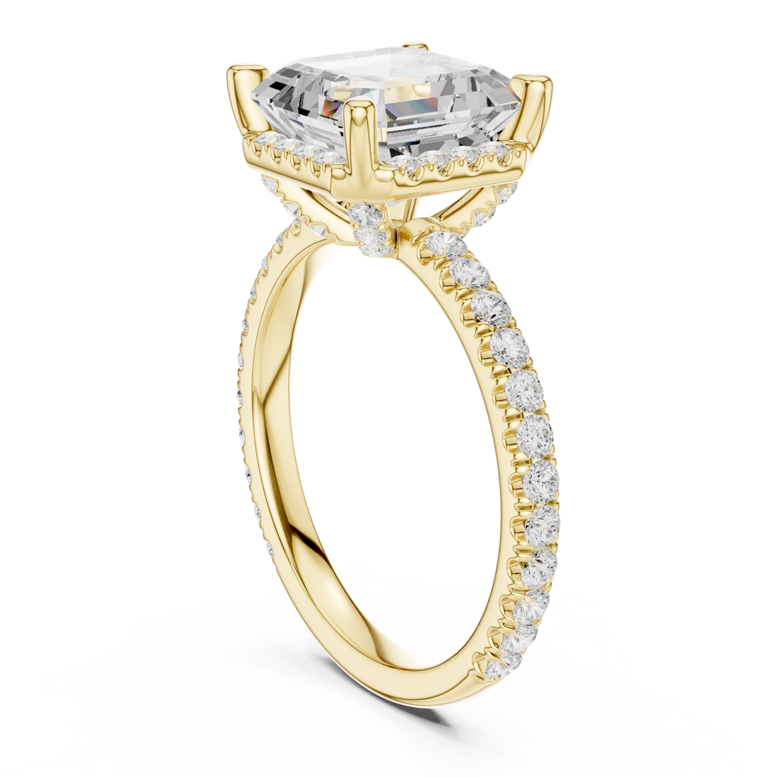 Asscher petal-prong hidden halo pave engagement ring yellow gold front view