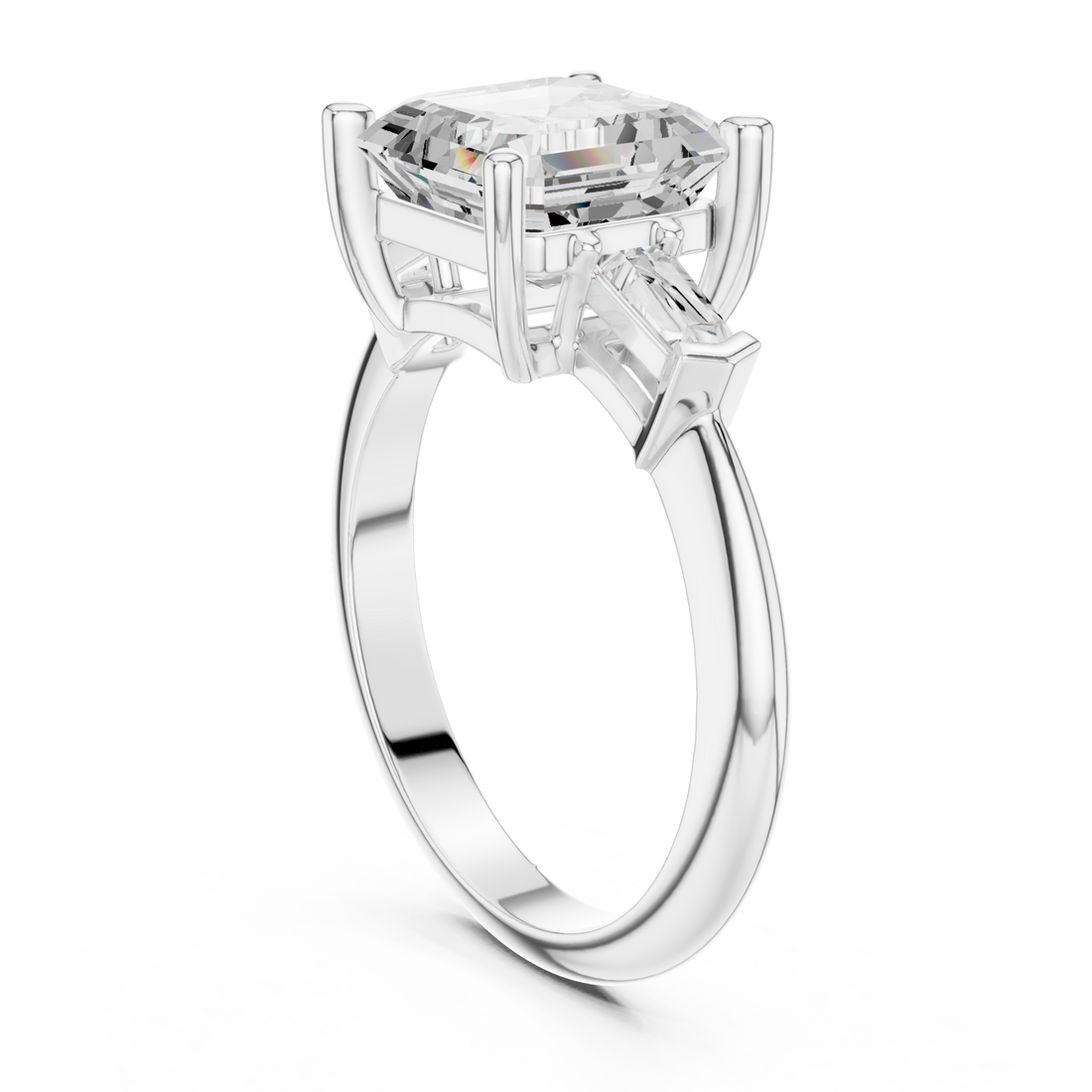 Asscher petite baguette three stone engagement ring white gold front view