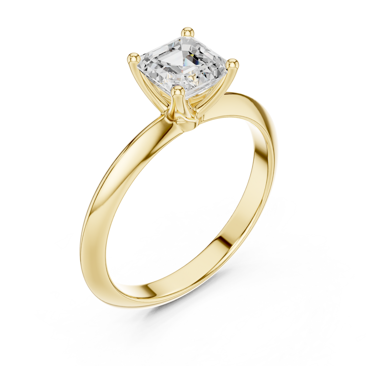 Asscher petite solitaire engagement ring yellow gold angle view