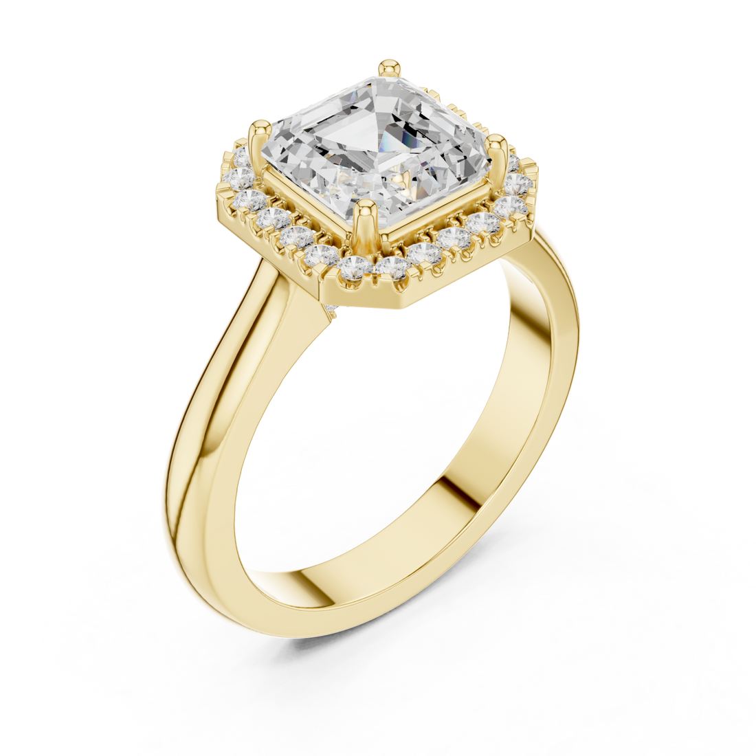 Asscher polished band halo engagement ring yellow gold front view