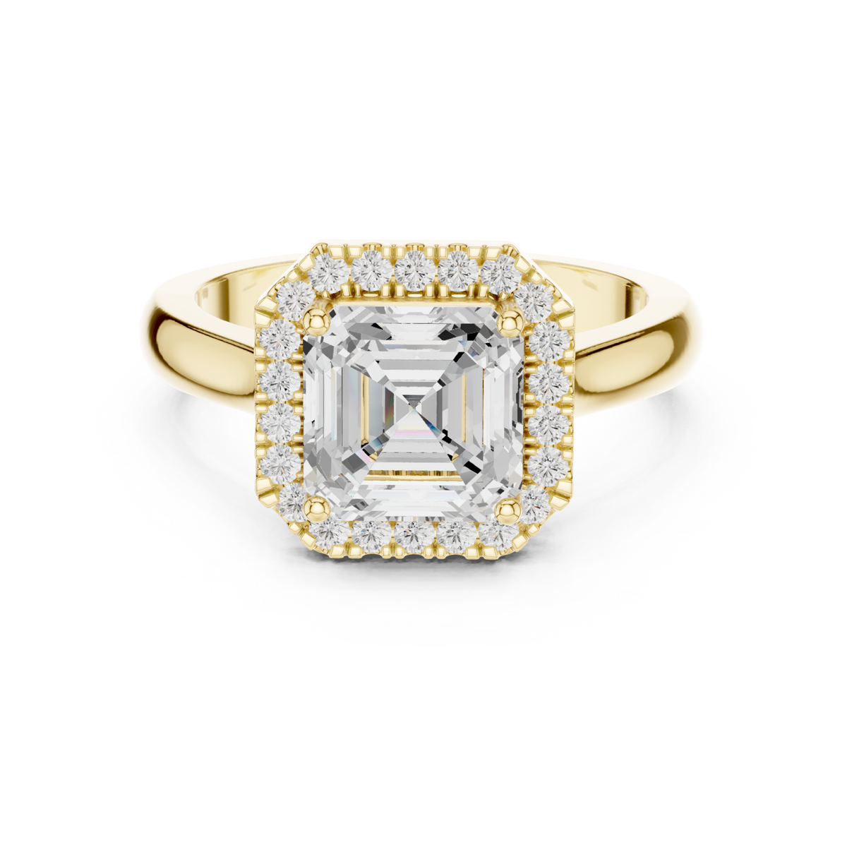 Asscher polished band halo engagement ring yellow gold detail view