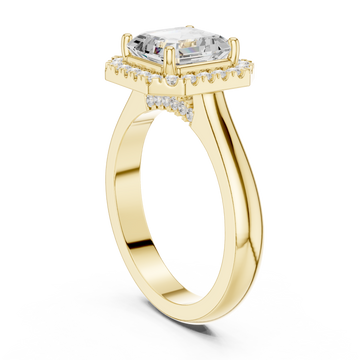 Asscher polished band halo engagement ring yellow gold front view