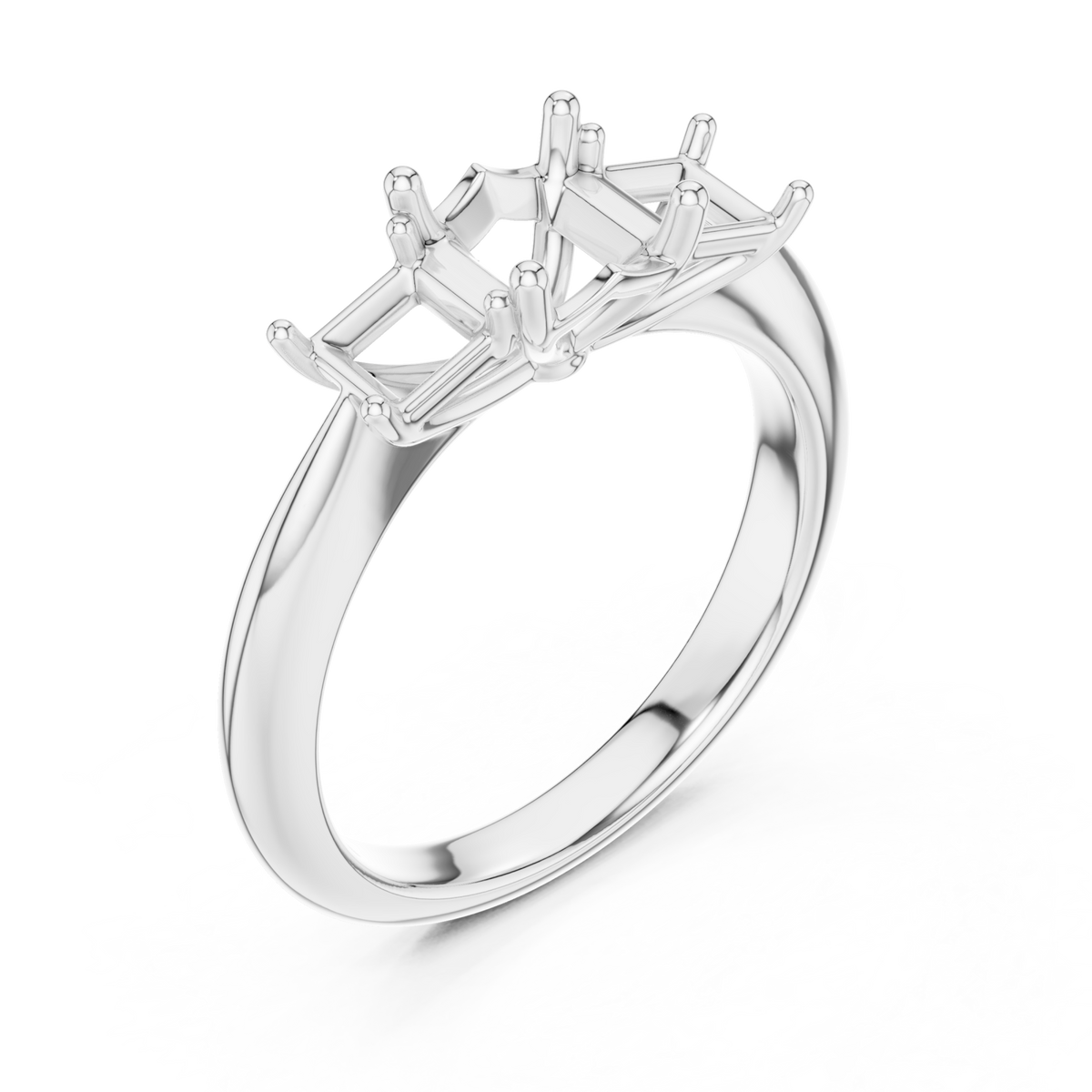 Asscher princess side three stone engagement ring white gold angle view