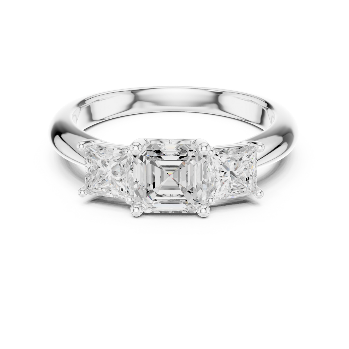 Asscher princess side three stone engagement ring white gold detail view