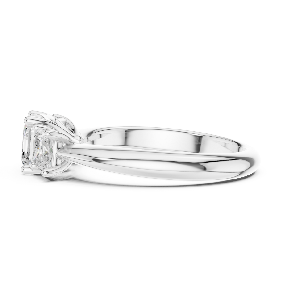 Asscher princess side three stone engagement ring white gold side view