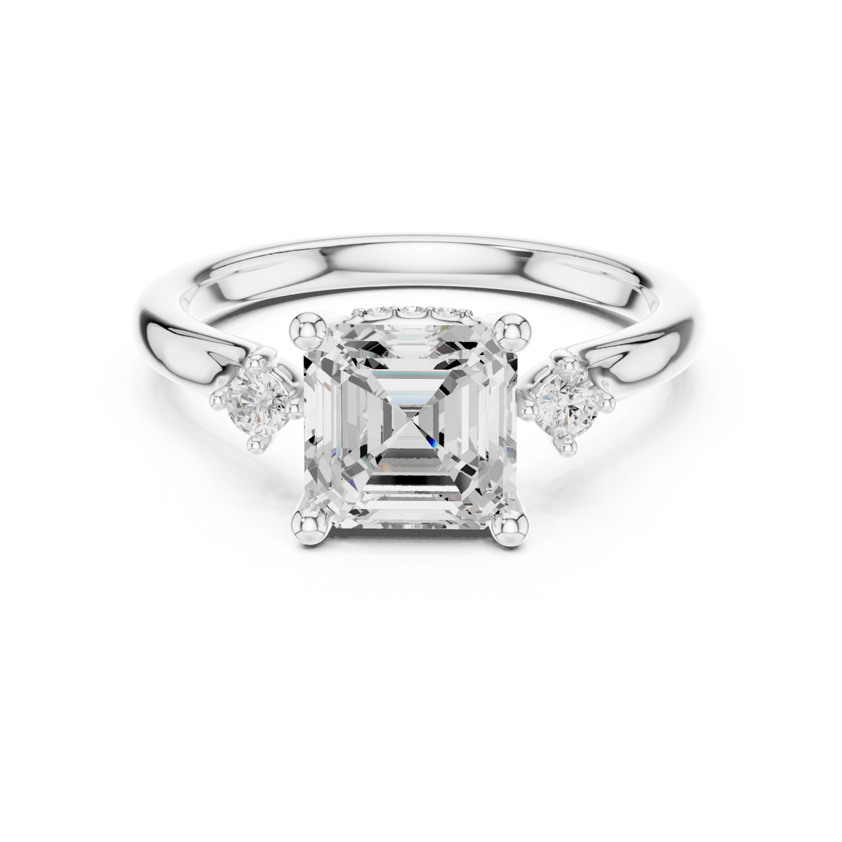 Asscher round accent three stone engagement ring white gold detail view