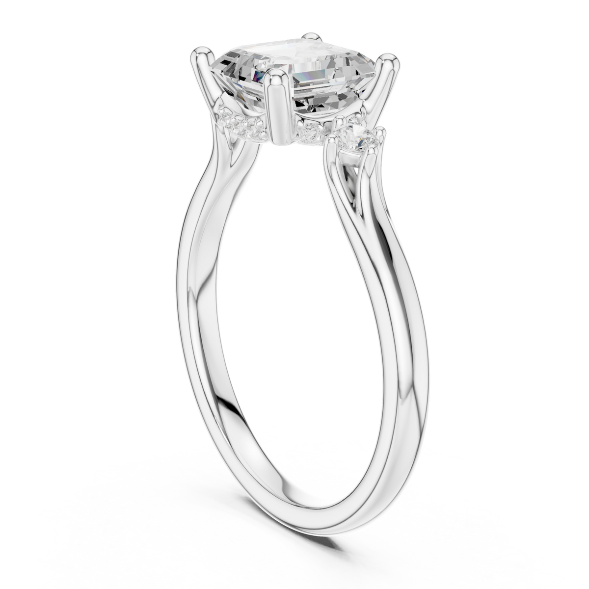 Asscher round accent three stone engagement ring white gold front view