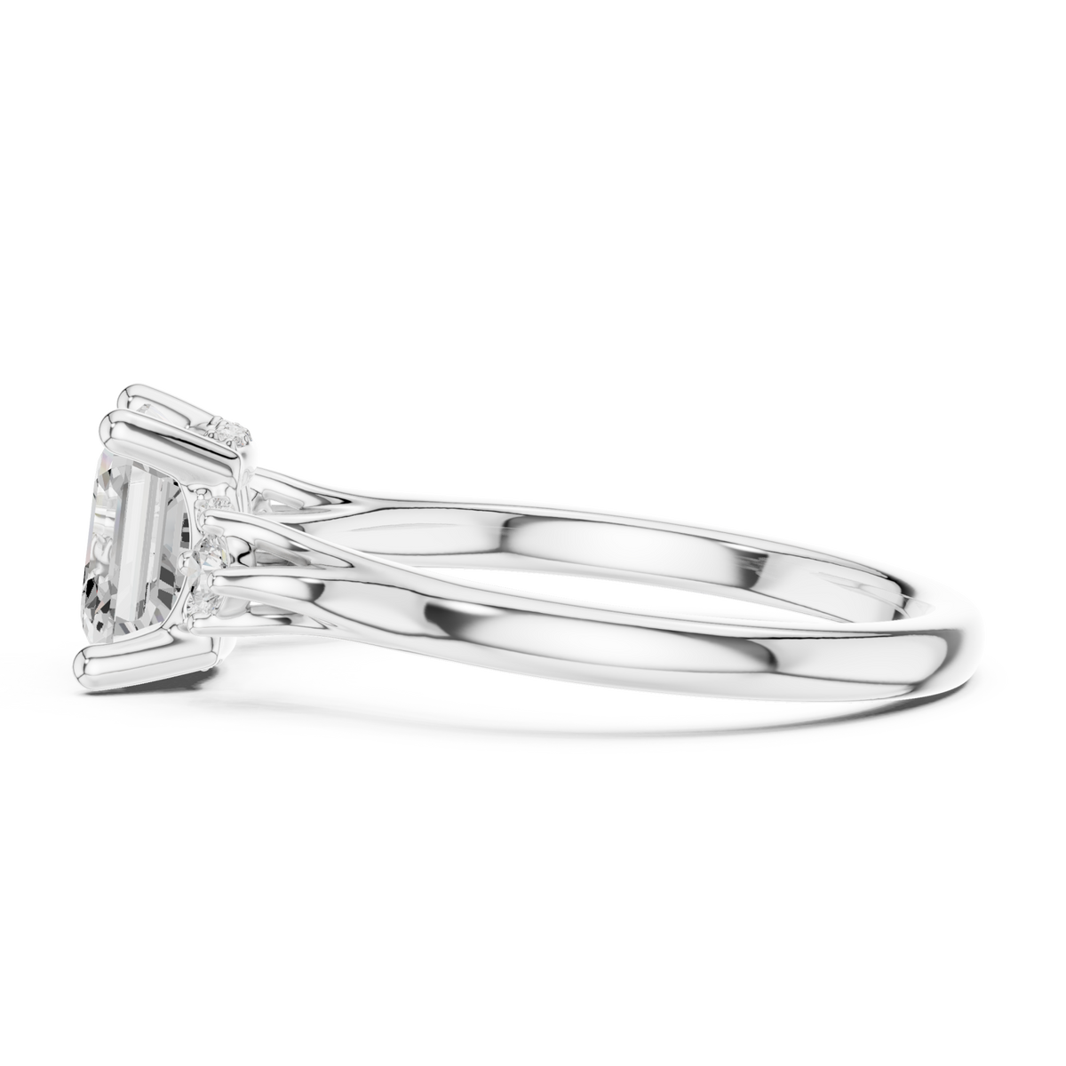 Asscher round accent three stone engagement ring white gold side view