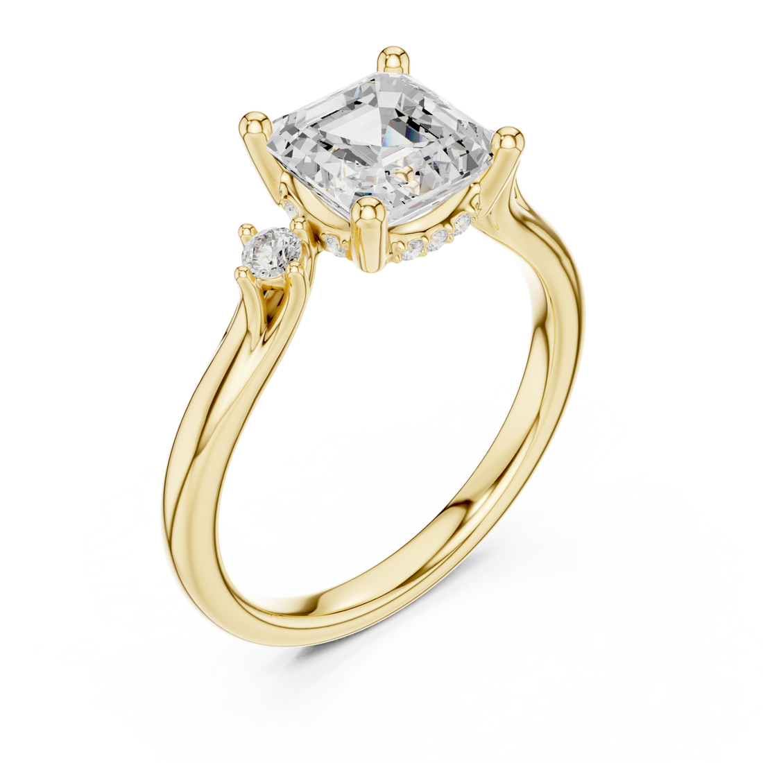 Asscher round accent three stone engagement ring yellow gold front view