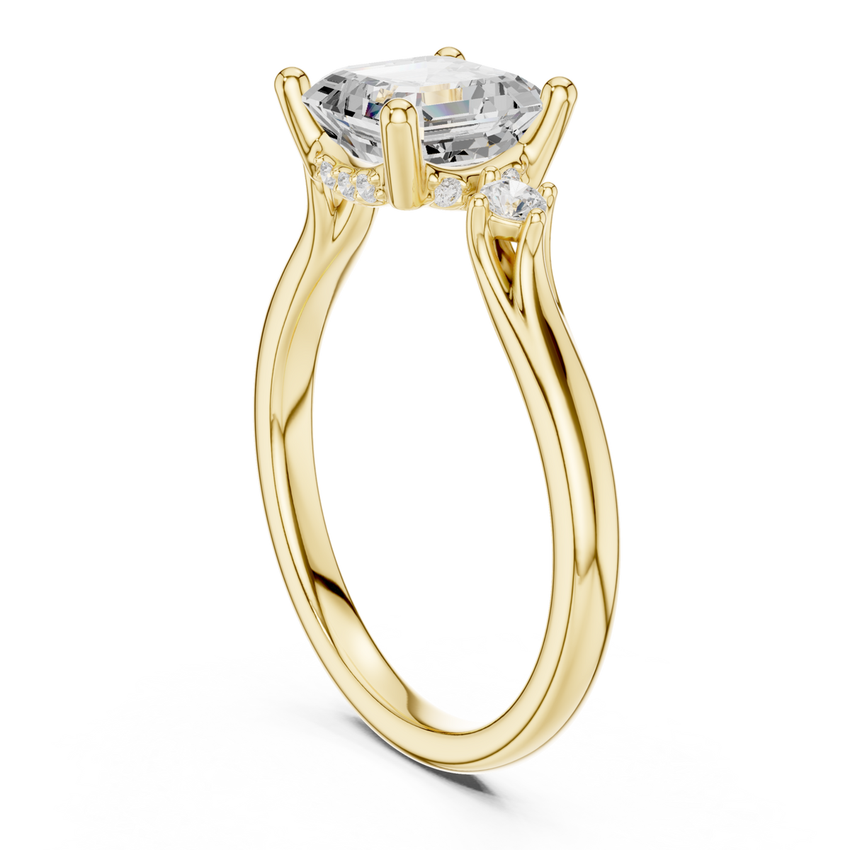 Asscher round accent three stone engagement ring yellow gold front view
