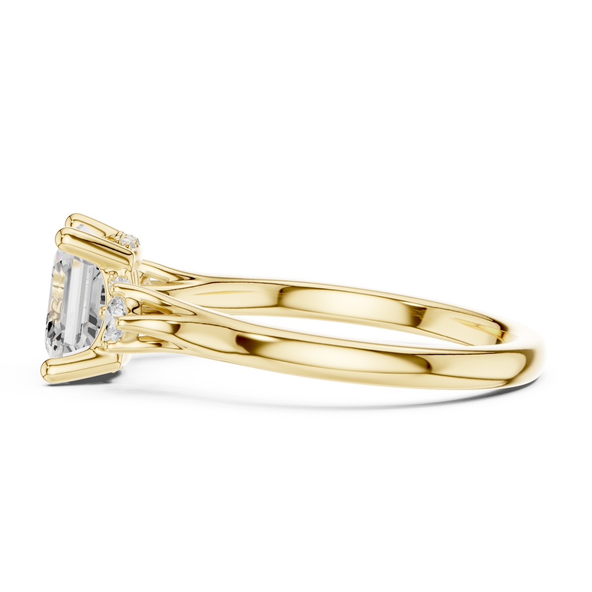 Asscher round accent three stone engagement ring yellow gold side view